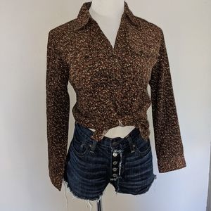 Y2K 1970s Revival Brown Floral Corduroy Button Up